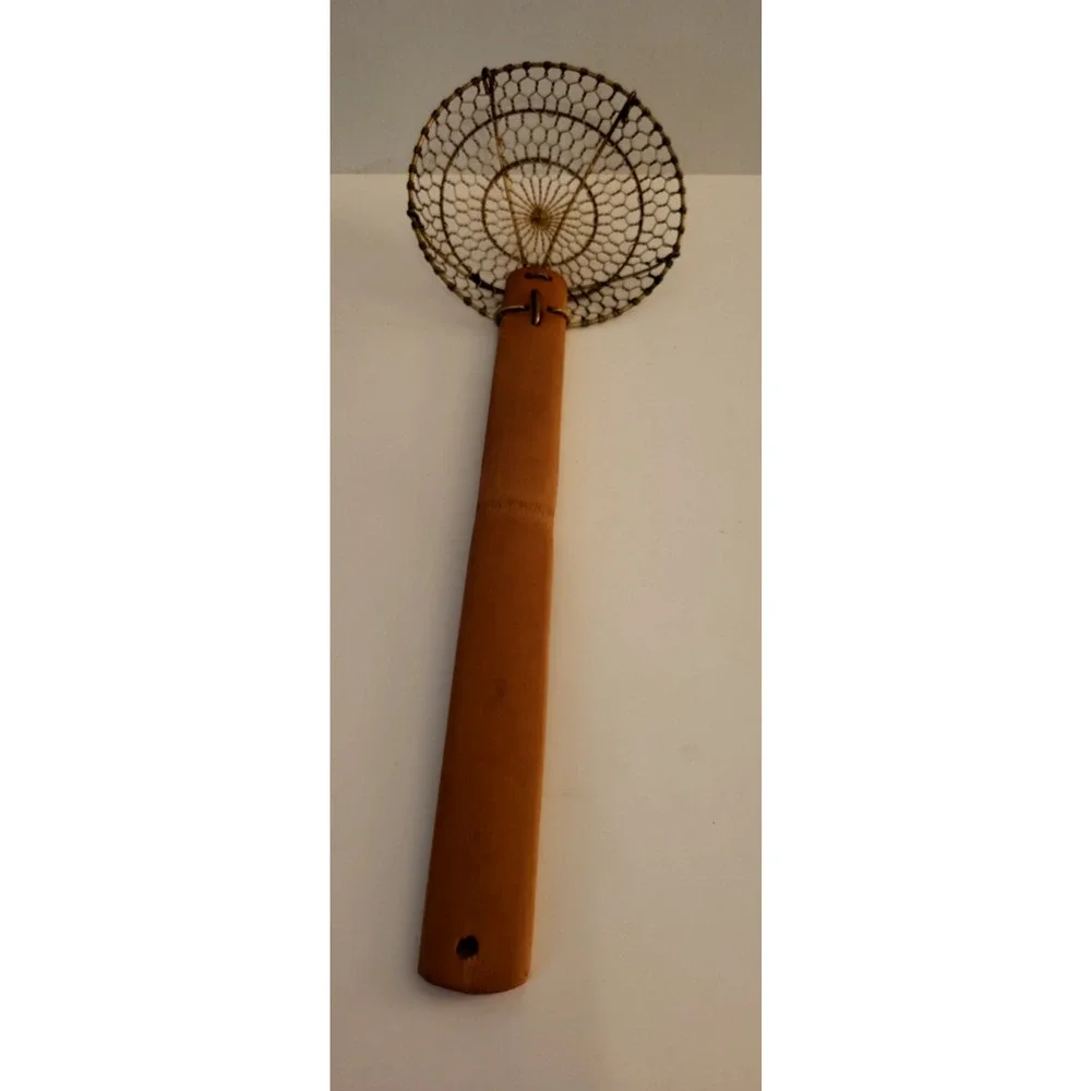 TWISTED COPPER WIRE SKIMMER STRAINER COLANDER WOOD HANDLE 15